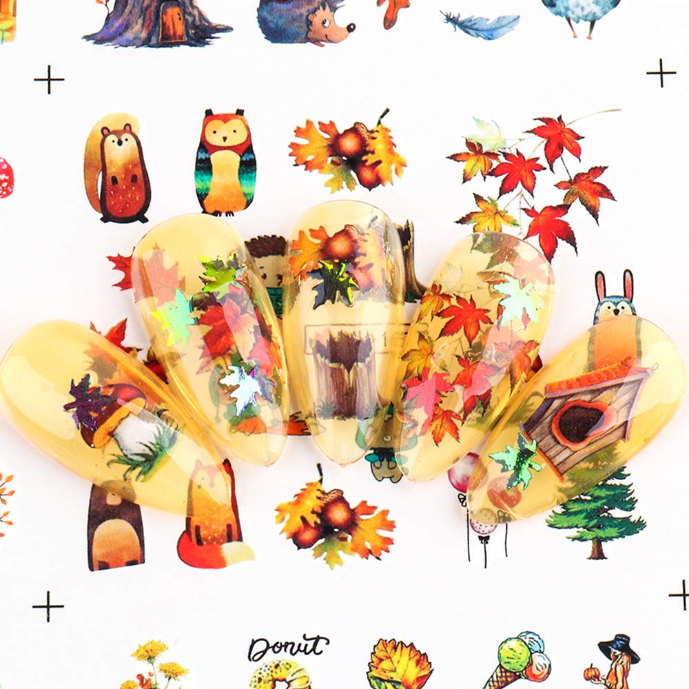 Fall Nail Stickers Autumn Maple Leaf Nail Art Decals Thanksgiving Day Water Decal Transfer Slider Set Turkey Pumpkin Nail Art Foil Stickers Nail Supplies Accessories Decoration Manicure Tips 12 Design