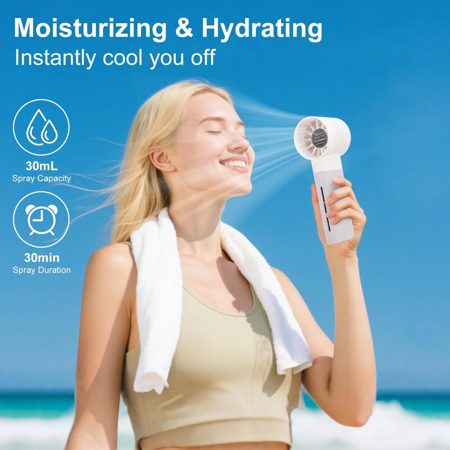 Portable mini spray fan, hand-held rechargeable humidification and water supplement fans, 5-speed, suitable for travel, beach and office use (white)