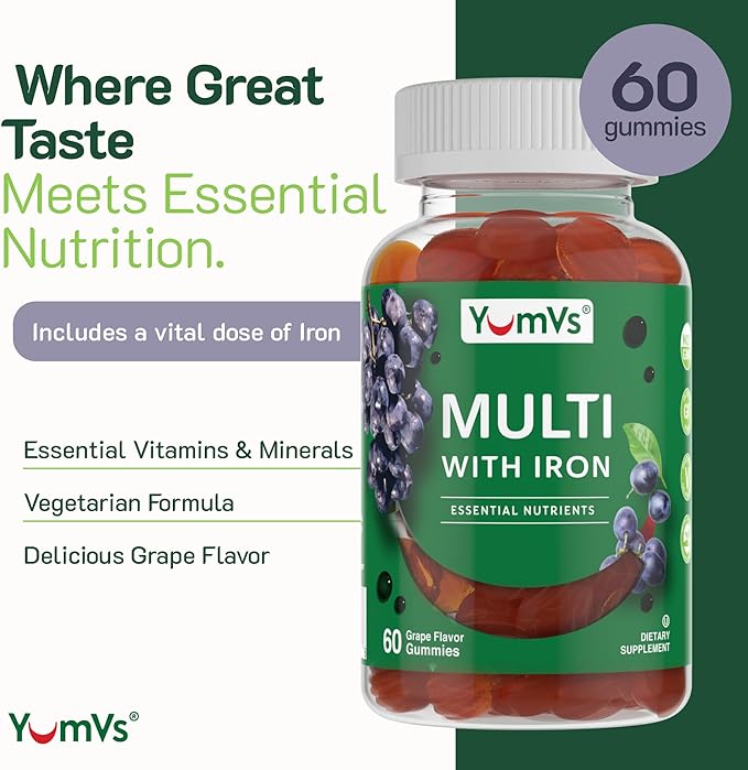 YumVs Multivitamin Gummies with Iron - Grape Flavor - Vegetarian Kosher Multi Vitamins for Adults with Vitamin A C B6 B12 Biotin Zinc - No Calcium - Mens/Womens Multivitamin with Iron Gummy (60 Count)