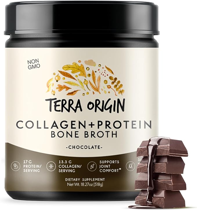 TERRA ORIGIN Collagen Protein Bone Broth Powder, Natural Collagen from Real Whole Food Sources with 17g Protein, for Hair, Skin, Nail and Joint Support, 20 Servings, Chocolate