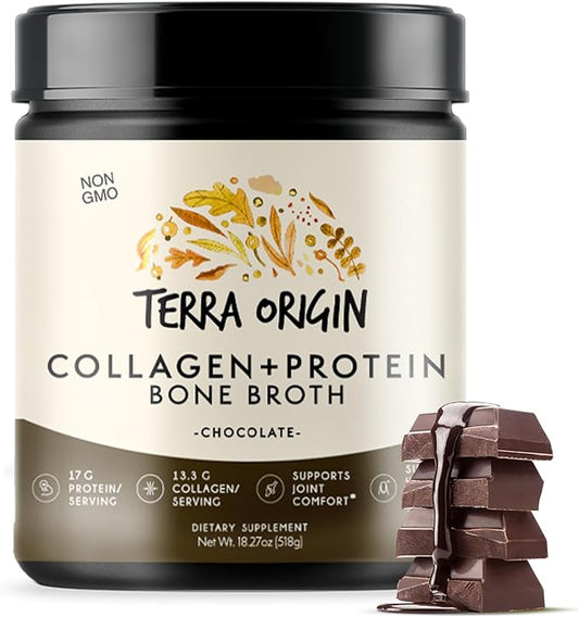 TERRA ORIGIN Collagen Protein Bone Broth Powder, Natural Collagen from Real Whole Food Sources with 17g Protein, for Hair, Skin, Nail and Joint Support, 20 Servings, Chocolate