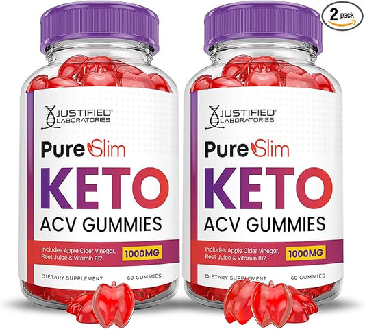 (2 Pack) Pure Slim Keto ACV Gummies Advanced Formula 1000MG PureSlim Keto Gummies Apple Cider Vinegar Formulated with Pomegranate Beet Juice Powder B12 Vegan Non GMO 120 Gummys