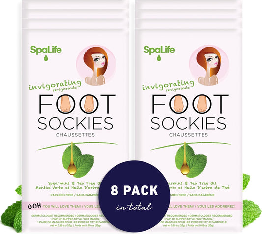 SpaLife Softening Care Foot Sockies (8-Pack) - Spearmint & Tea Tree Oil, Exfoliating Pack for Healthy Feet, Intensive Repair, Callus Remover Sockies, Dry Skin Solution, Moisturizing Foot Treatment