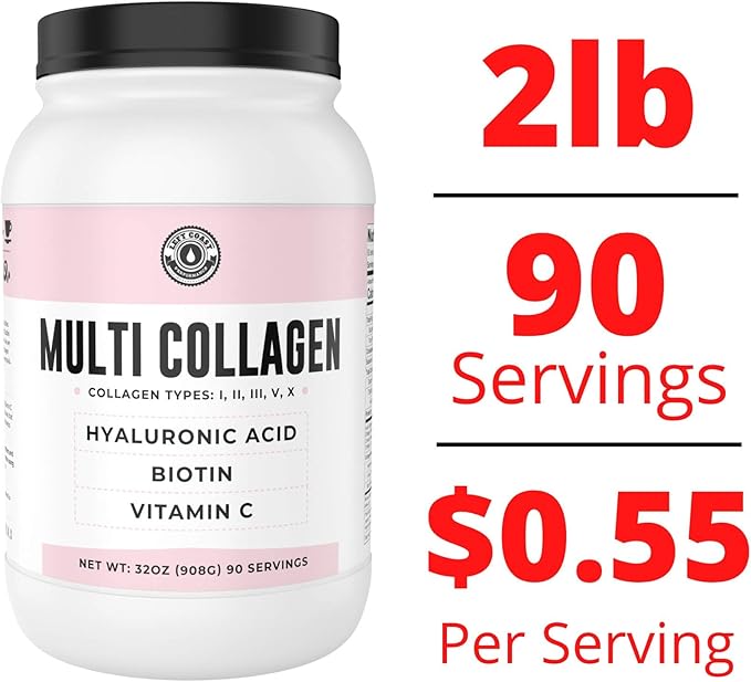 Multi Collagen Powder with Biotin, Hyaluronic Acid, Vitamin C (2lb Value Size) | Hydrolyzed Collagen Supplement (Types I, II, III, V, X). Hair, Skin, Nails for Women, Men