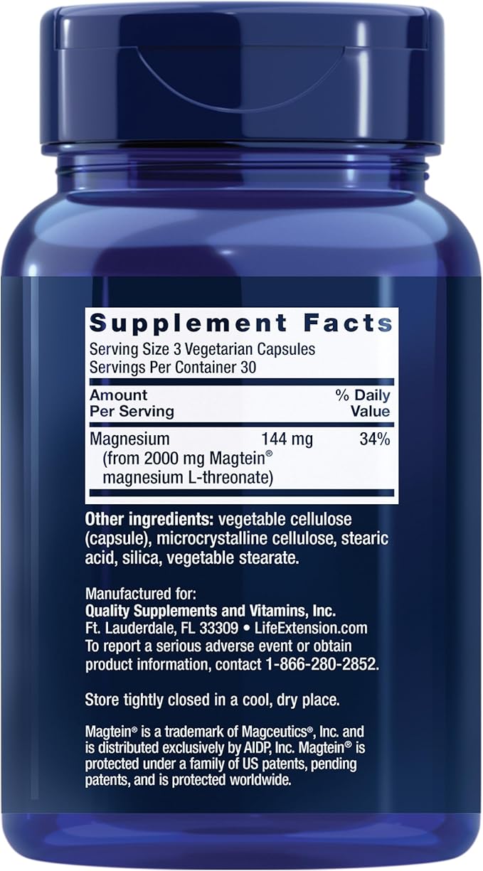 Life Extension Neuro-mag Magnesium L-threonate, Magnesium L-threonate, Brain Health, Memory & Attention, Gluten Free, Vegetarian, Non-GMO, 90 Vegetarian Capsules (Pack of 2)