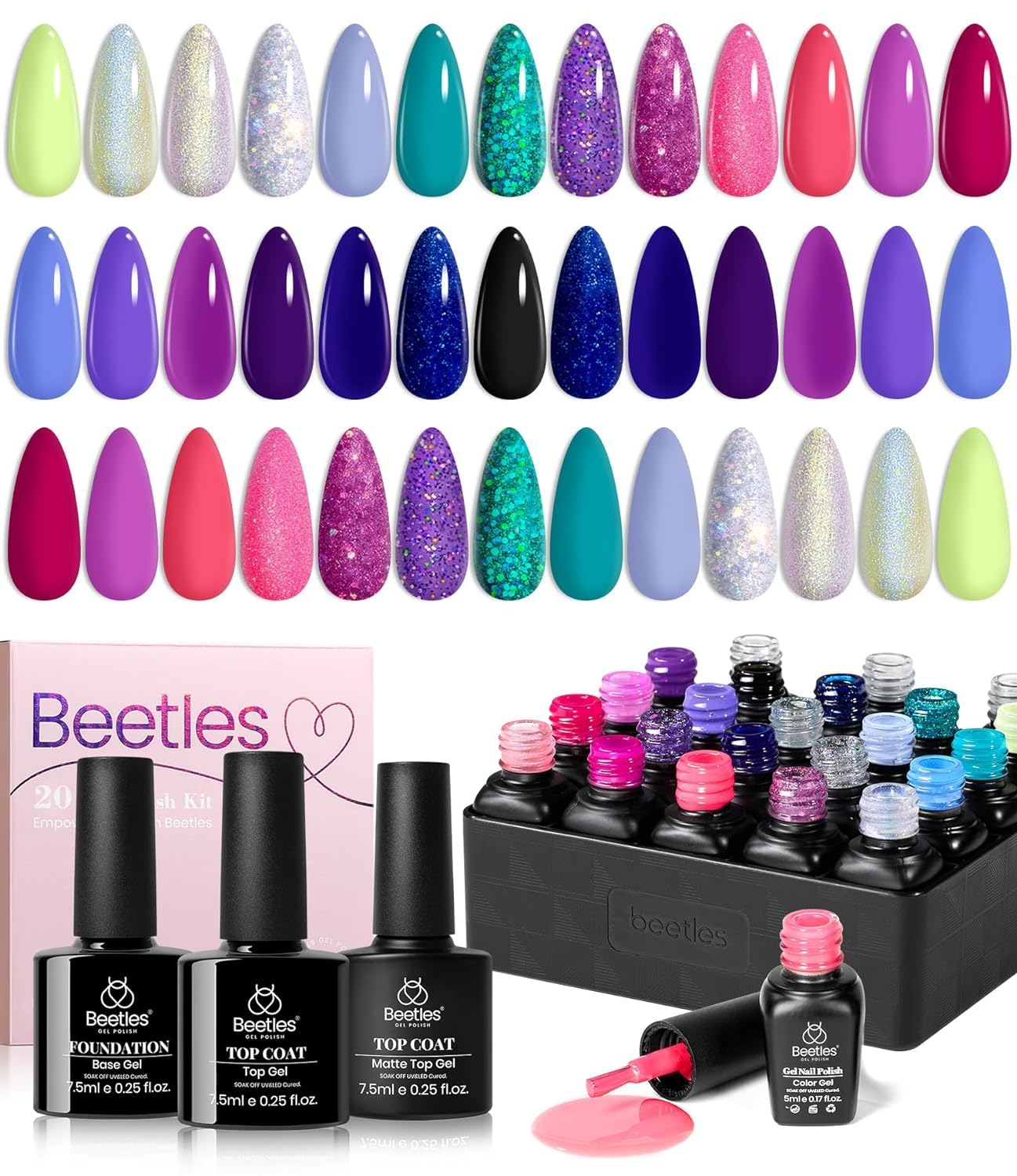 Beetles 20 Colors Gel Nail Polish Kit Midnight Euphoria Collection 23 Pcs Purple Blue Hot Pink Glitter Gel Polish Set Rainbow Soak off Uv Glossy & Matte Top Base Coat Gift for Women