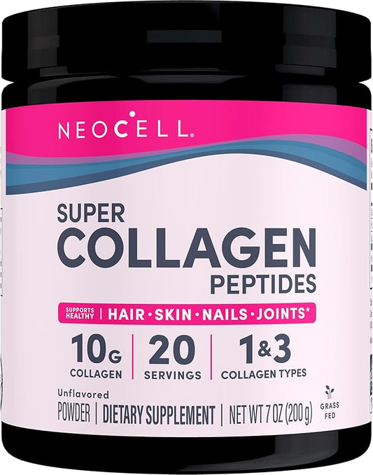 NeoCell Super Collagen Peptides, 10g Collagen Peptides per Serving, Gluten Free, Keto Friendly, Non-GMO, Grass Fed, Healthy Hair, Skin, Nails and Joints, Unflavored Powder, 7 oz., 1 Canister