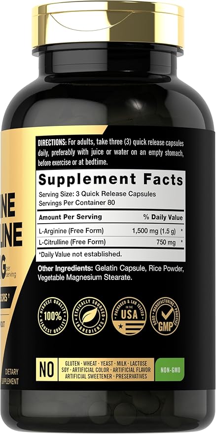 Carlyle L-Arginine L-Citrulline Supplement | 2250mg | 240 Capsules | Nitric Oxide Precursors | Free Form | Non-GMO & Gluten Free