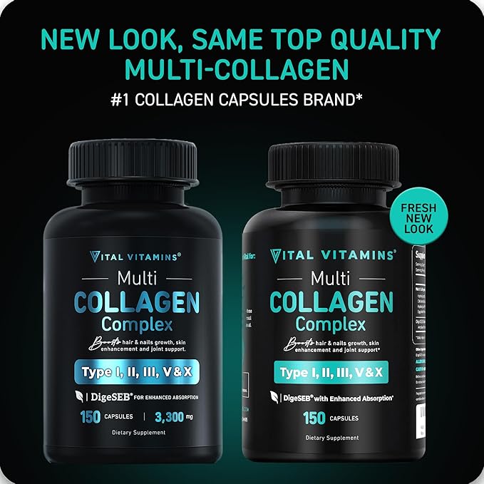 Vital Vitamins Collagen for Women & Men - Type I, II, III, V, X Multi Collagen Pills - Grass Fed, Non-GMO - 150 Capsules