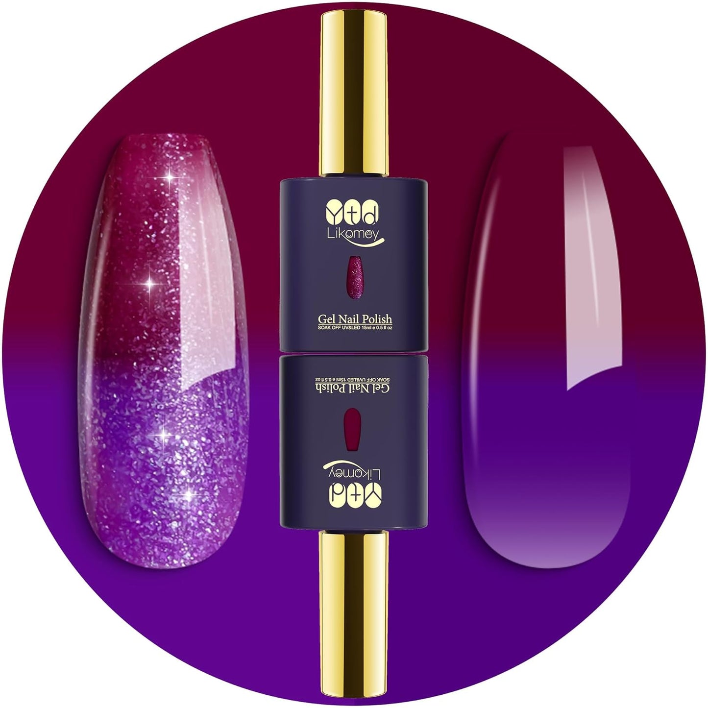 YTD Likomey Color Changing Gel Nail Polish 2 Pcs Set,15ml Purple To Dark Wine Red Pure Color and Glitter Nails Gel Kit,Thermal Ombre Change Colors Salon Manicure Fall Winter UV Varnish,WB2-7