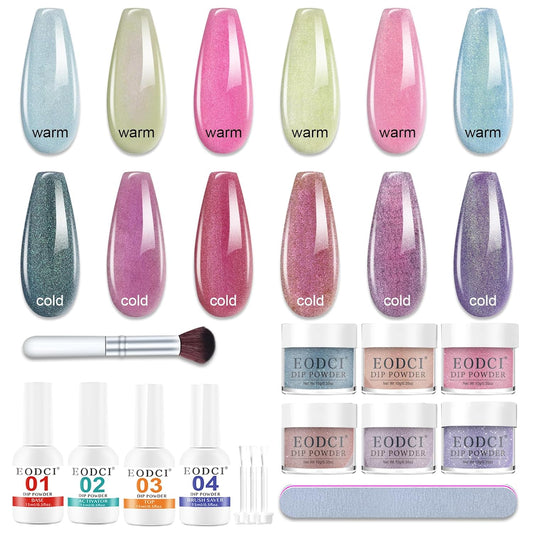 Changing Dip Powder Nail Set, 6 Colors Dipping Powder Kit With Base & Top Coat/Activator/Brush Saver,Chameleon Pink Blue Nail Dip Manicure Kits Cold Warm Temperature, No Needed Nail Lamp Curing