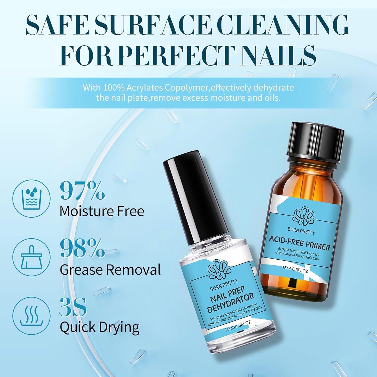 BORN PRETTY Natural Nail Prep Dehydrate and Bond Primer Acid-Free,15ml Dehydrator for Acrylic and Gel Nail Polish, Non Acid Primer for UV Gels Fast Dry Superior Bonding Agent Gift Box Set