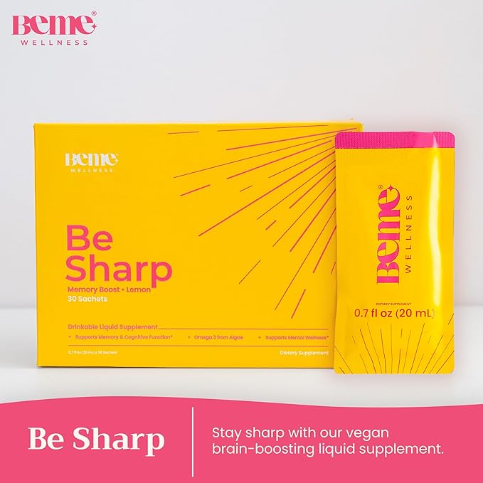 BeMe Vegan Omega-3 Liquid Supplement for Adults, BeSharp - Algae Omega 3 DHA Supplements for Women & Men - Drinkable Supplement Supports Memory, Concentration, & Cognitive Function (30 Sachets)