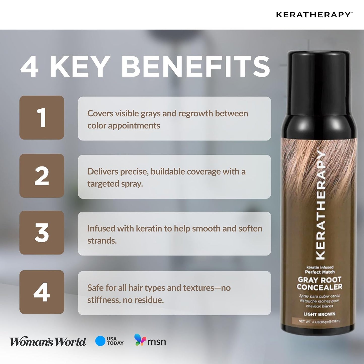 Keratherapy Keratin Infused Perfect Match Gray Root Concealer Spray, Light Brown, 3 oz, 118ml - Root Cover Up Spray to Hide Gray Roots - Keratin Therapy Hair Darkening & Temporary Scalp Concealer