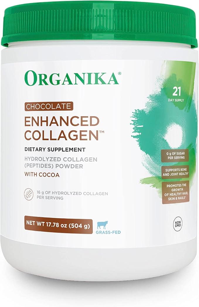 Organika Chocolate Enhanced Collagen - Grass-Fed Collagen with Real Cocoa, Sugar-Free, Type I and III, for Healthy Hair, Skin, Nails, Joints - 17.78 oz