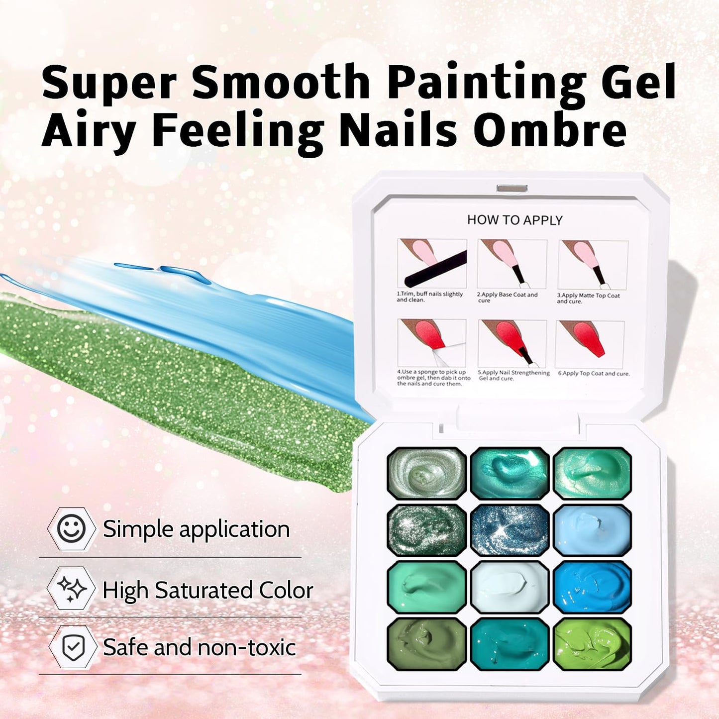 Sponge Pat Paint Nail Gel, Ombre Nails Gradient Gel Nail Blush Blooming Aura Nails Drawing Stripper Floral Painting DIY Nail Art, No Wipe, UV/LED Curing (12 Colors E)