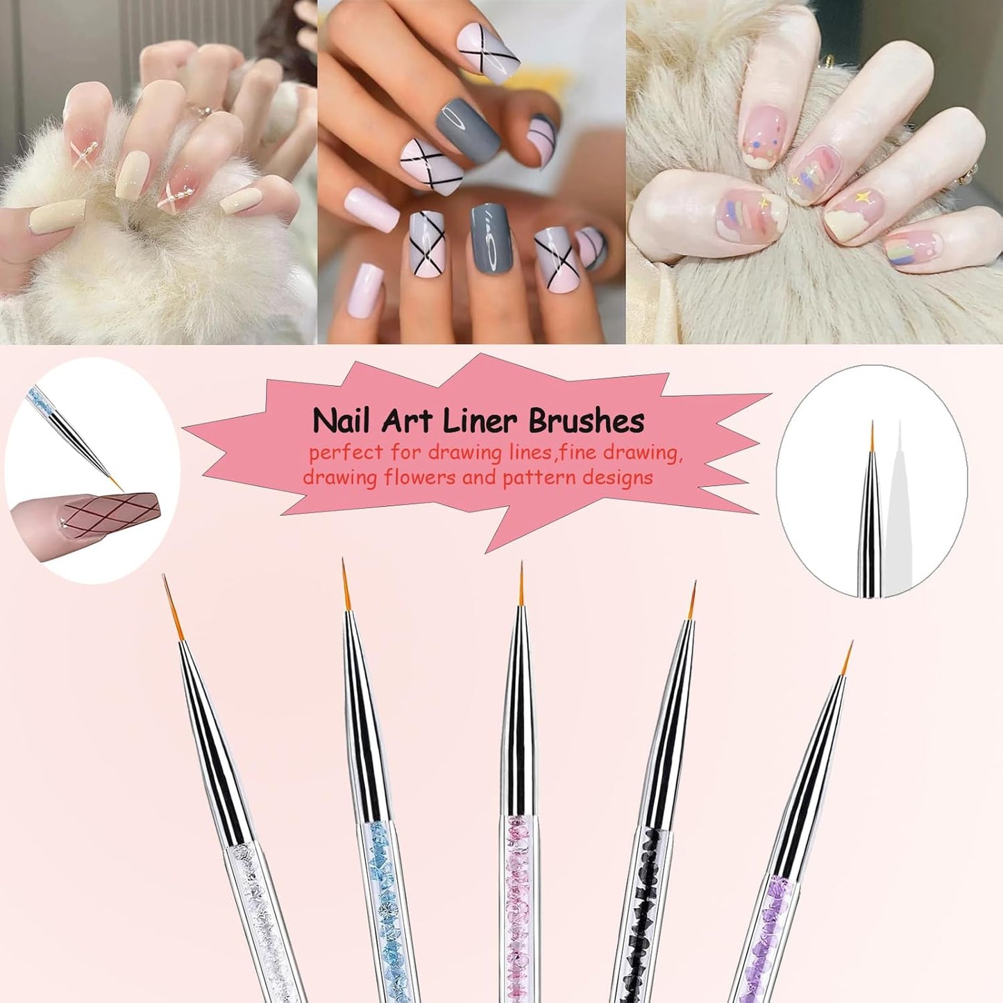 Nail Art Brushes, 8Pcs Double-Ended Acrylic Nail Brush Set & Picker Brush Tool for Nail Art with PolyGel Gel Acrylic Nails Extension Fine Liner Brushes and Dotting Pen (5,7,9,11,13 mm)