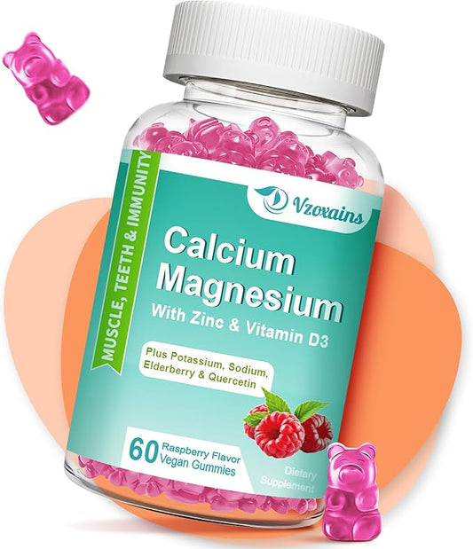 High Absorption Calcium Magnesium Zinc Gummies with Magnesium Glycinate 400mg, Sugar Free Calcium Magnesium Supplement for Bone & Teeth Strength, Muscle Function - Vegan, 60 Count