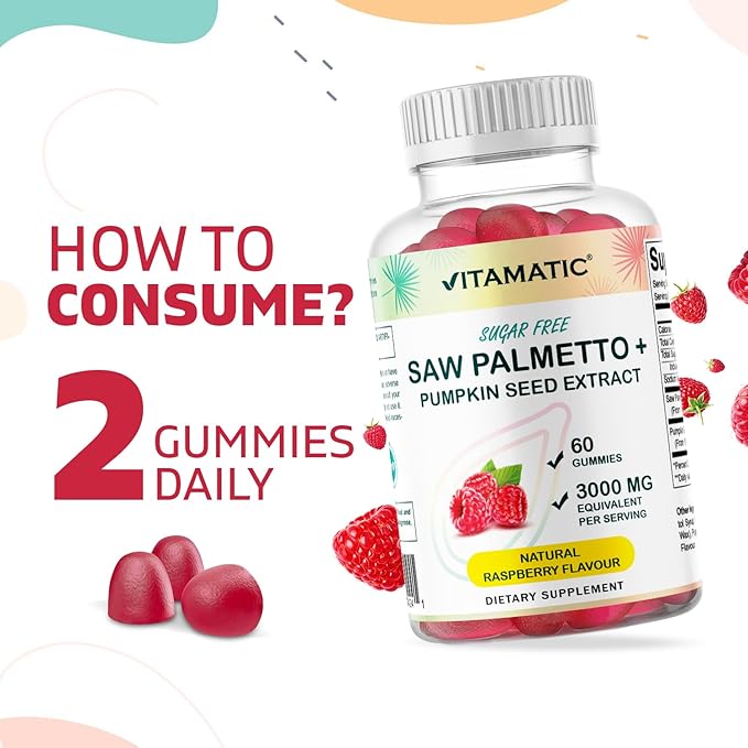 Vitamatic Sugar Free Saw Palmetto with Pumpkin Seed - 3000 mg Equivalent per Serving - Natural Raspberry Flavor - 60 Count