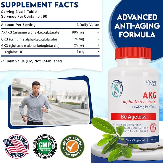 AKG (Alpha Ketoglutarate) and L arginine Supplement - 1,000 mg per Tablet, 90 Day Supply - Cellular Detox to Support Healthy Aging : Stronger Bones, Less Grey Hair, Better Gut Health*