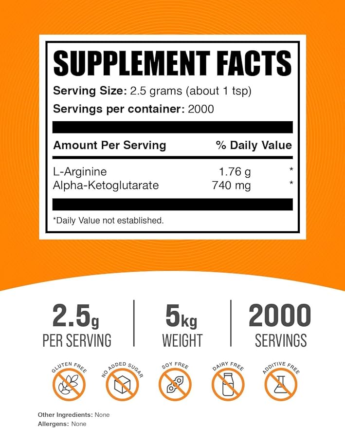 BulkSupplements.com AAKG Powder - Arginine Alpha-Ketoglutarate, AKG Supplement - Arginine Supplement, Unflavored & Gluten Free, 2500mg per Serving, 5kg (11 lbs) (Pack of 5)