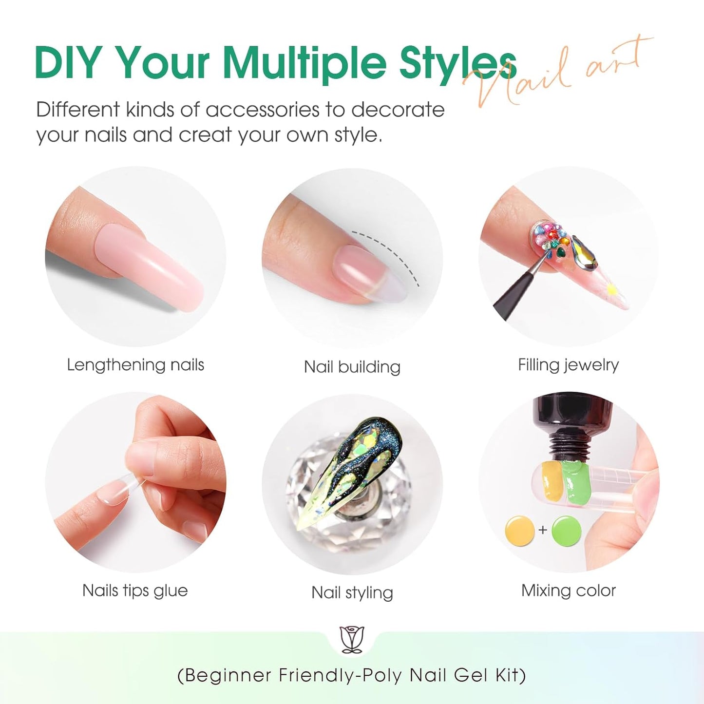 ROSALIND 8PCS Poly Nail Gel Kit with Mini U V/LED Lamp Pastel Poly Nails Gel Kit Starter Kits Yellow Green Blue Nail Extensions Gels Set