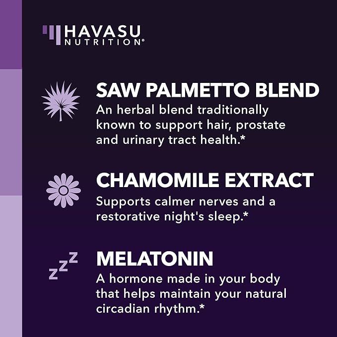 Night Time Saw Palmetto for Men - Saw Palmetto With Melatonin 3 mg and Chamomile Extract - Sleep & Prostate Supplement - Reduce Urinary Frequency for Men & Support Bladder in PM - Over 3 Month Supply