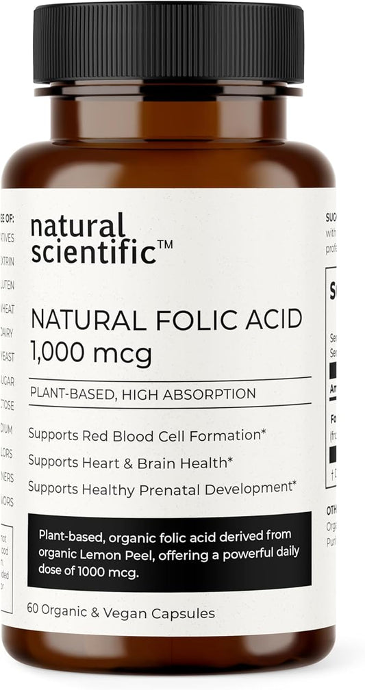 Organic Folic Acid Supplement 1000 mcg - Vitamin B9 (Folate) from Organic Lemon Peel - 60-Day Supply - Plant-Based, Gluten-Free, Vegan, Non-GMO - 60 capsules - Premium Dietary Supplement