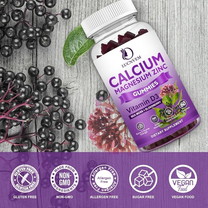 (2 Pack) Sugar Free Calcium Magnesium Zinc Gummies, Calcium Magnesium 2:1, Contains Magnesium Glycinate, Vitamin D3, Sea Moss, for Bones, Muscles, Calm Mood & Sleep Support, Vegan, 120 Gummies