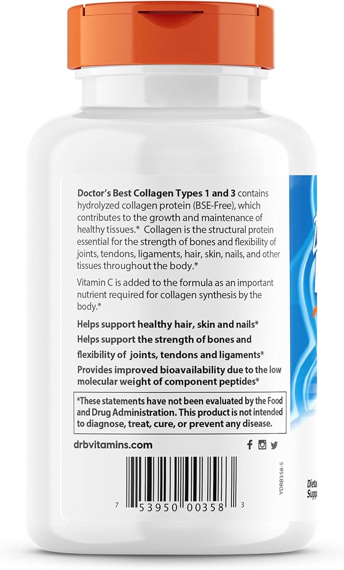 Doctor's Best Collagen Types 1 & 3 with Peptan, Non-GMO, Gluten Free, Soy Free, Supports Hair, Skin, Nails, Tendons & Bones, 1000 Mg, 540 Tablets