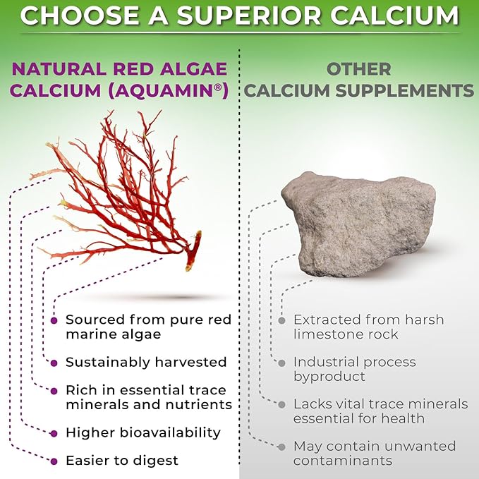 Plant-Based Calcium 500mg (Aquamin) - Vegan Calcium Magnesium Zinc D3 + Vitamin K2, Organic Turmeric & BioPerine - Supports Enhanced Bone Health & Strength for Women and Men - 180 Count