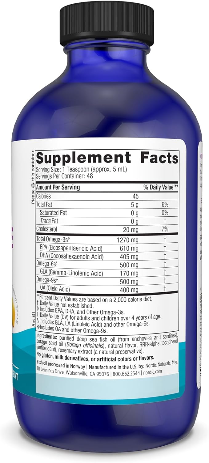 Nordic Naturals Complete Omega, Lemon Flavor - 8 oz - 1270 mg Omega-3 - EPA & DHA with Added GLA - Healthy Skin & Joints, Cognition, Positive Mood - Non-GMO - 48 Servings
