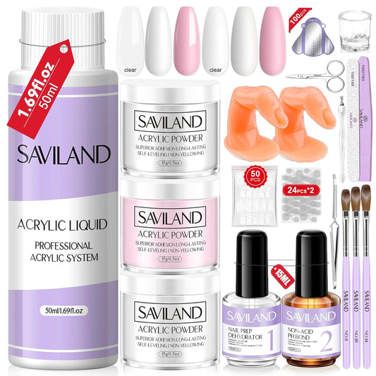SAVILAND Essentials Acrylic Nail Kit for Beginners: White Pink Clear Acrylic Powder and Liquid Set with Nail Dehydrator Primer Brushes Forms Tips Tools Nails Kit Acrylic Set with Everything Home DIY