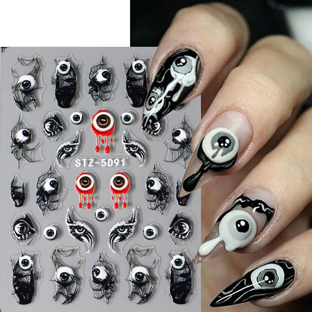 8 Sheets Halloween Nail Art Stickers Goth Ghost Nail Decals 3D Self-Adhesive Skeleton Skull Spider Nail Stickers 5D Black Wing Nail Supplies Halloween Nail Design Stickers for DIY French Manicure