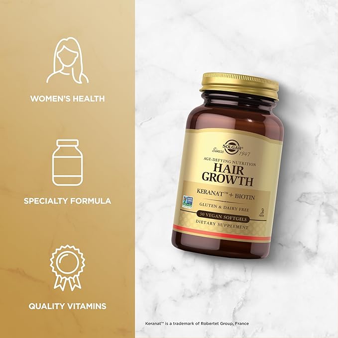 Solgar Hair Growth Age-Defying Nutrition For Men & Women—Thicker Fuller Hair Growth with Keranat Oil, Biotin, Zinc and Copper - One Softgel Daily, Vegan, Dairy, Soy and Gluten Free, 30 Servings