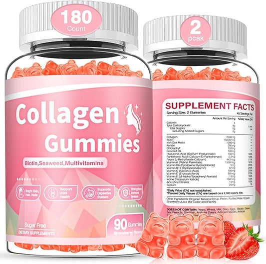 180 Count Collagen Gummies 2500mg Collagen Protein Type I II III V X with 15000mcg Biotin Vitamins C A B D E Keratin Hyaluronic Acid for Hair Skin Nails Joint Immune Digestion for Women Men Sugar Free