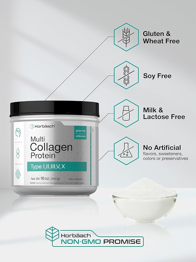 Horbäach Multi Collagen Protein Powder 16 oz | Type I, II, III, V, X | Hydrolyzed Collagen Peptide Powder | Keto & Paleo Friendly | Unflavored & Gluten Free