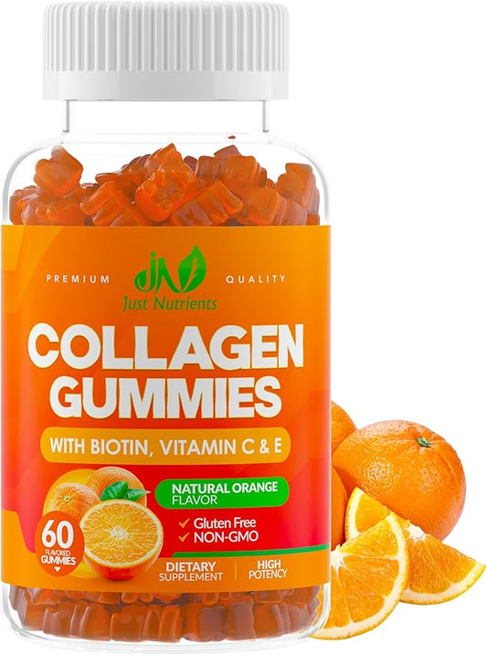 Collagen Peptides Gummies with Biotin, Vitamin C & E for Women & Men - Hair, Skin, Nails & Joints - Gluten-Free, Non-GMO - 60 Gummies