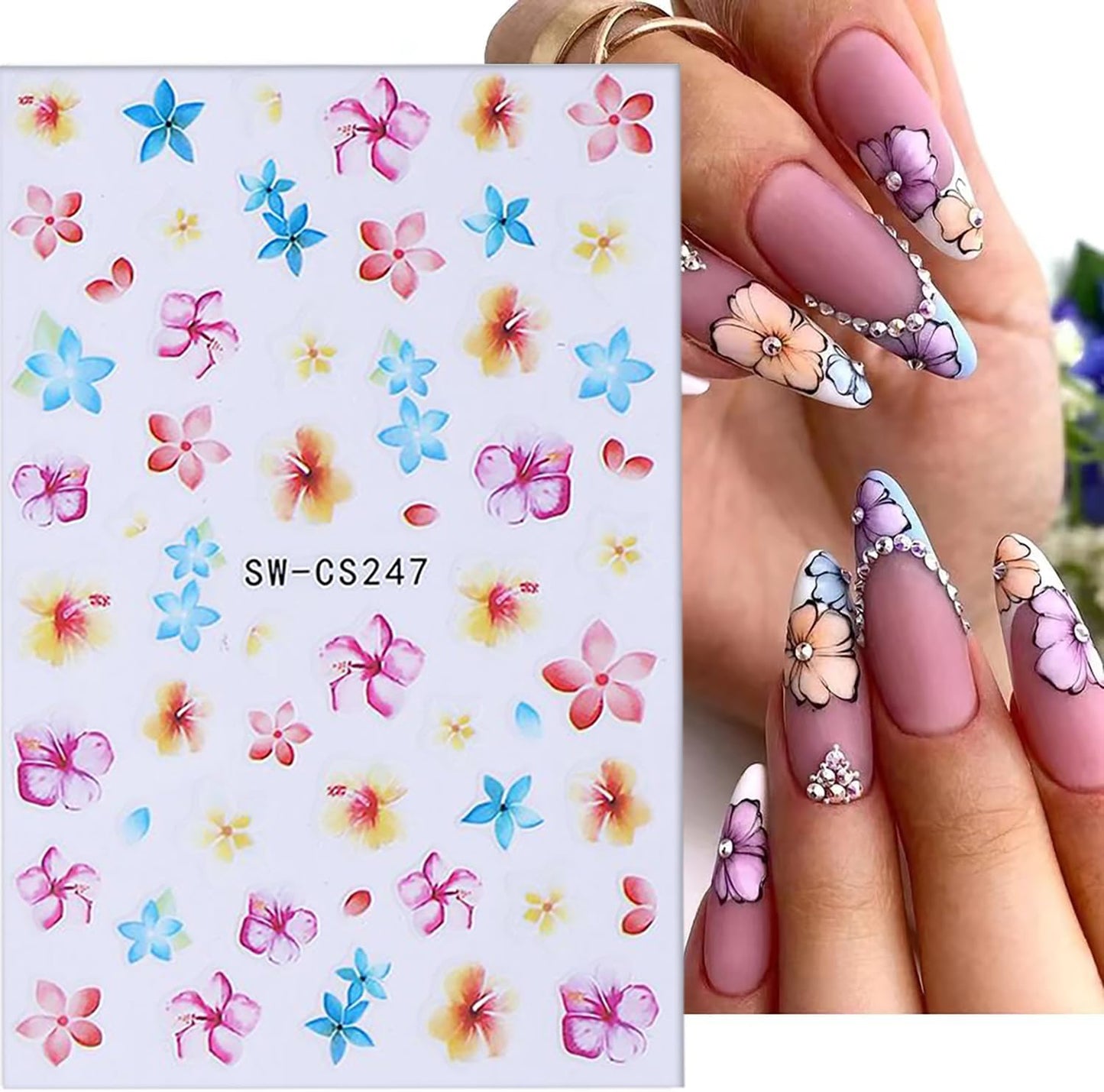 6 Sheets Flower Nail Art Stickers 3D Self-Adhesive Spring Summer Nail Sticker Butterfly Nails Art Decals Holographic Floral Nails Decal Decoration for Women Blossom Manicure DIY Nail Supplies