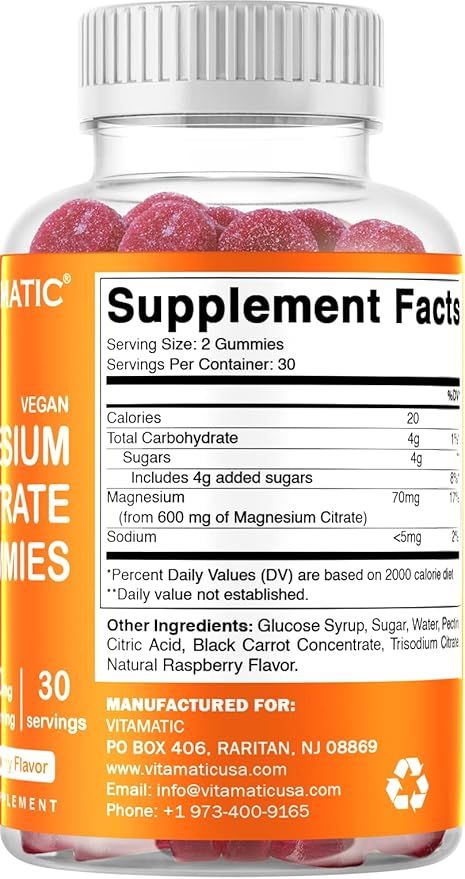 Vitamatic Magnesium Citrate Gummies 600mg per Serving - 60 Vegan Gummies - Promotes Healthy Relaxation, Muscle, Bone, & Energy Support (60 Gummies (Pack of 1))