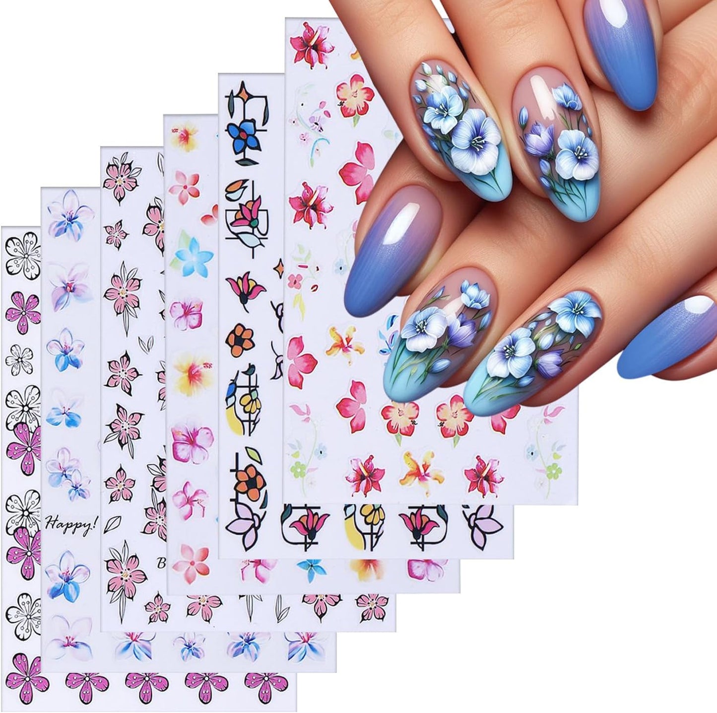 6 Sheets Flower Nail Art Stickers 3D Self-Adhesive Spring Summer Nail Sticker Butterfly Nails Art Decals Holographic Floral Nails Decal Decoration for Women Blossom Manicure DIY Nail Supplies