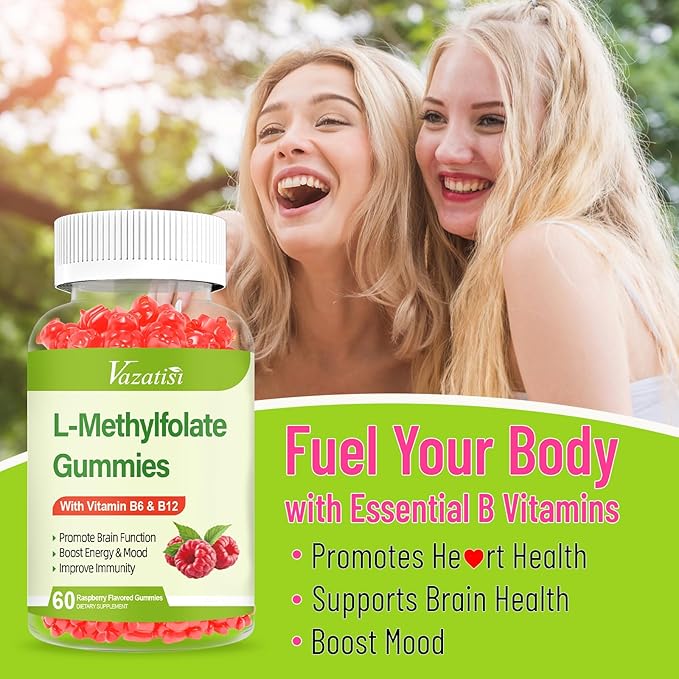 L-Methylfolate 15 mg Gummies with Methyl B12, Folate Supplement for Mood, Brain Health, Immune Support, Raspberry Flavor, 60 Count