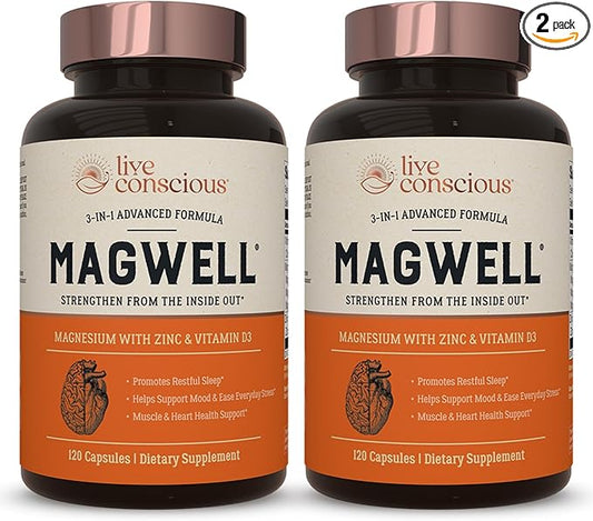 Live Conscious Magnesium Zinc & Vitamin D3 - Bioavailable Forms of Magnesium - Malate, Glycinate, Citrate - MagWell Bone & Heart Health, Immune System Support - 120 Capsules (2-Pack)