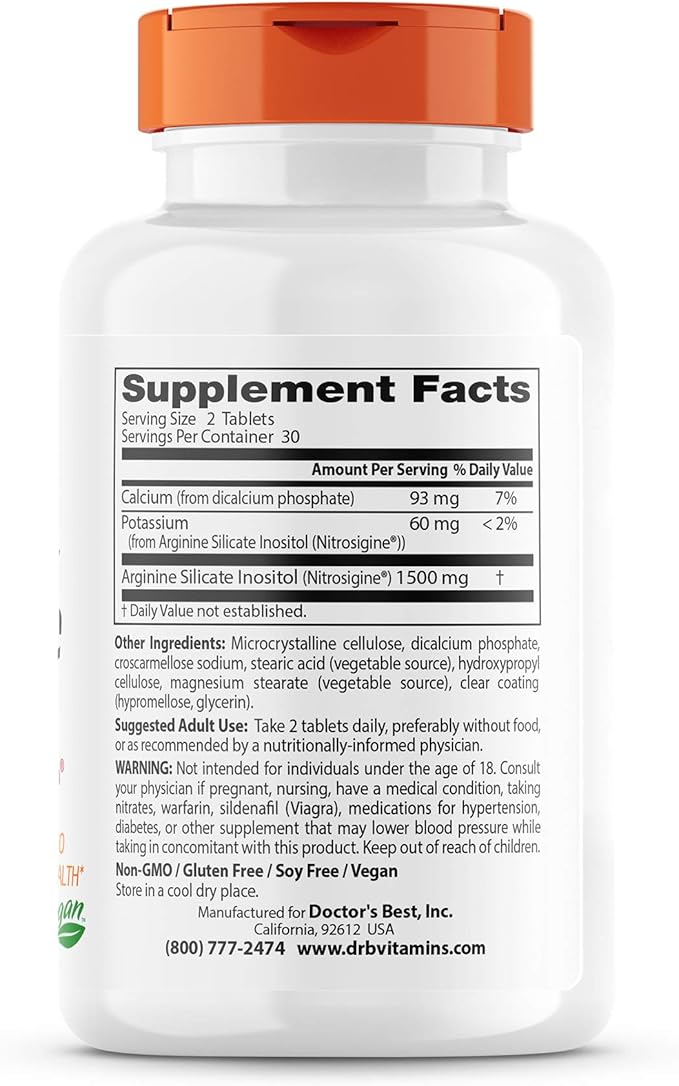 Doctor's Best Fast Acting Arginine Complex w/Nitrosigine, Boost Nitric Oxide, Blood Flow & Vessel Flexibility, Non-GMO, Vegan, Gluten Free, 750mg, White (DRB-00406), Tablet, 60 count