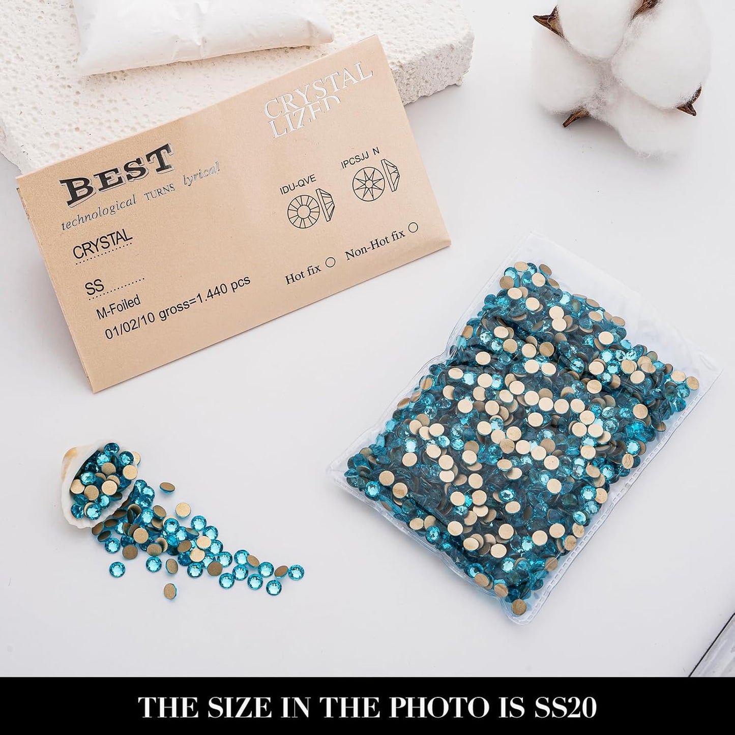 Novani Aquamarine Rhinestones 1440pcs Flat Back Round Rhinestone Style 2088 Sparkly Crystal Gemstones for Nail Art and Crafting SS20,4.6-4.8mm