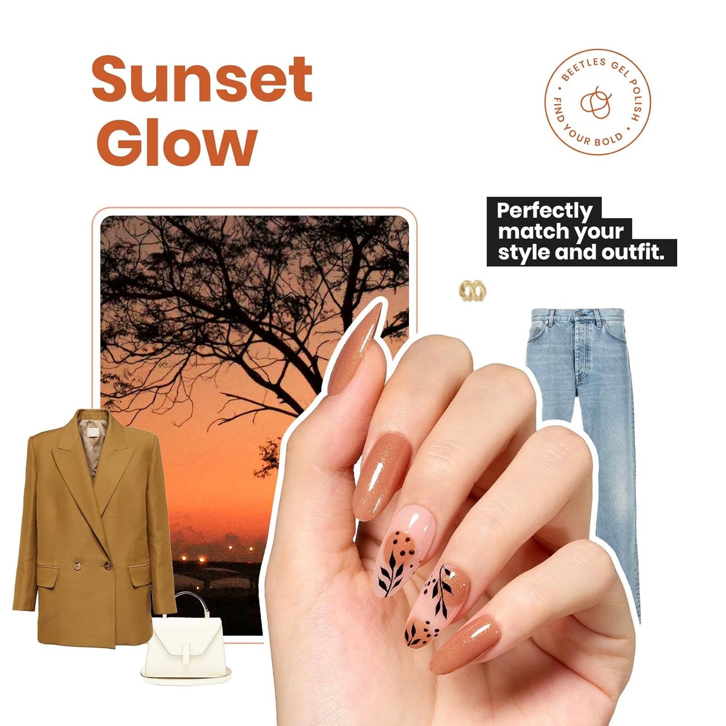 Beetles Glitter Brown Nail Polish –No UV Needed, Air Dry–Rosy Gold Shimmer Nude Rose Nail Lacquer–Fast Drying,Long Lasting,Salon-Quality Polish At-Home DIY