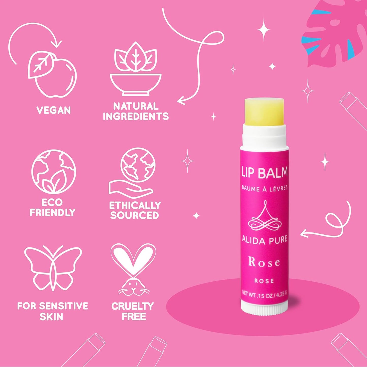 Rose Lip Balm Collection, Vegan Set, Beeswax Free, with Organic Jojoba and Avocado Oil, Vitamin E, Natural Moisturizer for Dry, Chapped Lips, 3 Tube Set