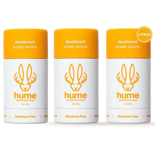 Hume Supernatural Aluminum Free Deodorant for Women & Men - Safe for Sensitive Skin - Probiotic, Plant-Based, Baking Soda Free, Aloe, & Cactus Flower, Anti Sweat, Stain & Odor - Amber Woods, 3-Pack