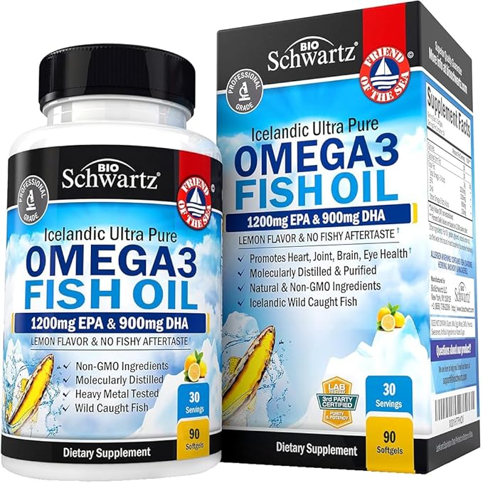 Triple Strength Omega 3 Fish Oil Supplement - 2250mg EPA DHA Omega 3 Fatty Acids from Wild Caught Fish, Supports Joint, Eyes, Brain Health - Burpless Lemon Flavor, Gluten Free, 90 Omega3 Softgels