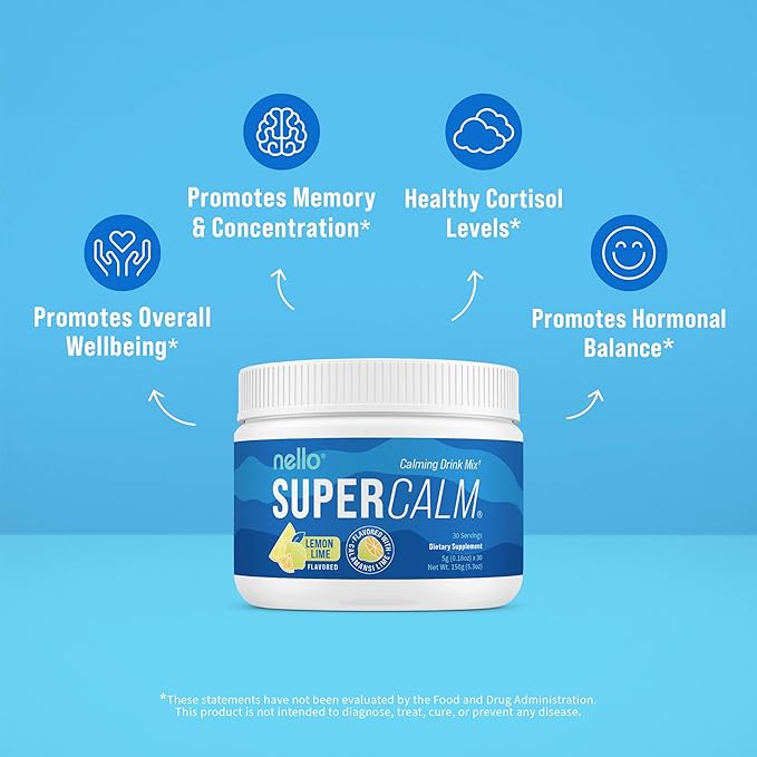 Nello Supercalm Powdered Drink Mix, Lemon Lime, L Theanine, Ksm-66 Ashwagandha, Magnesium Glycinate, Vitamin D 3, Supplements for Relaxation & Focus, Natural, No Sugar, Non GMO, Vegan, 30 Srvgs